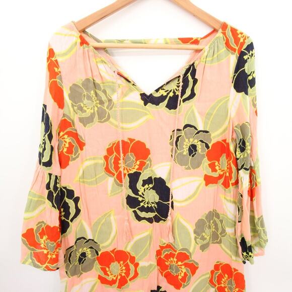 Crown & Ivy Dress Peach Floral Pattern Tassel V Neck Sundress Bell Sleeve Double - Picture 2 of 10